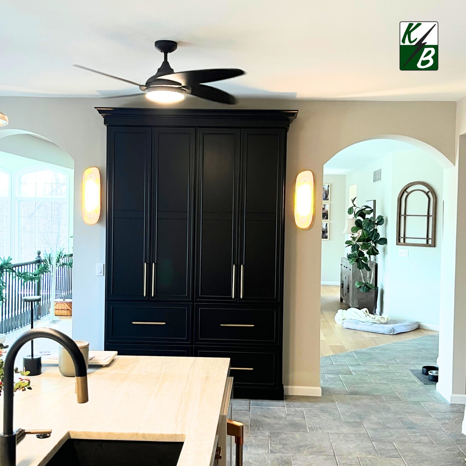 black ceiling fan with light at the center